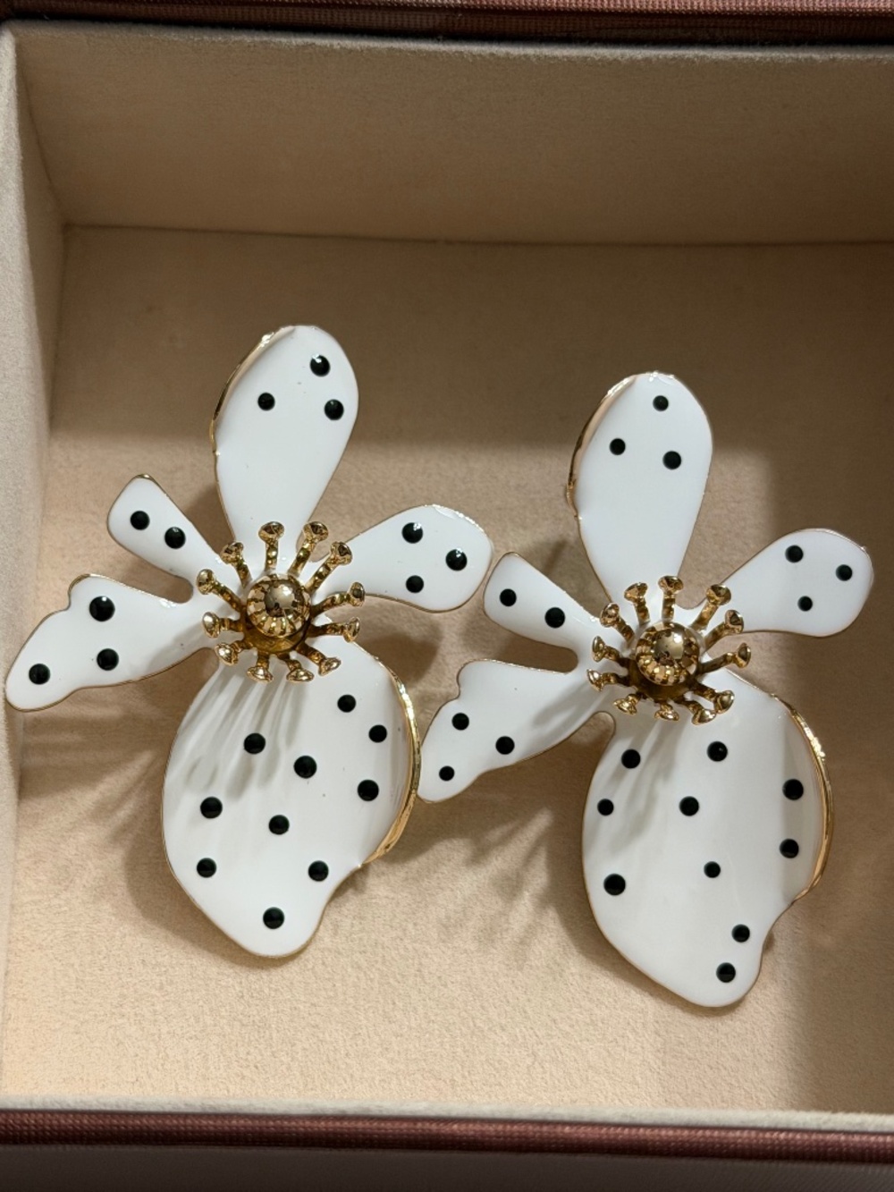 White & Black Polka Dot Asymmetrical Exaggerated Flower Enamel Statement Earring